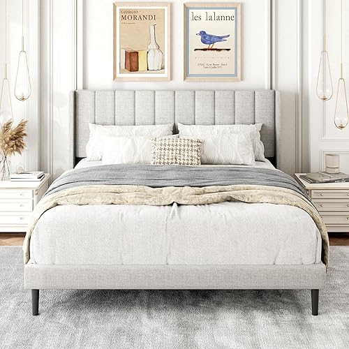 Gruwans Queen Size Bed Frame with Upholstered Wingback Headboard, Easy Assemnly Platform Bed, Wooden Slat Support No Box Spring Needed, Sand