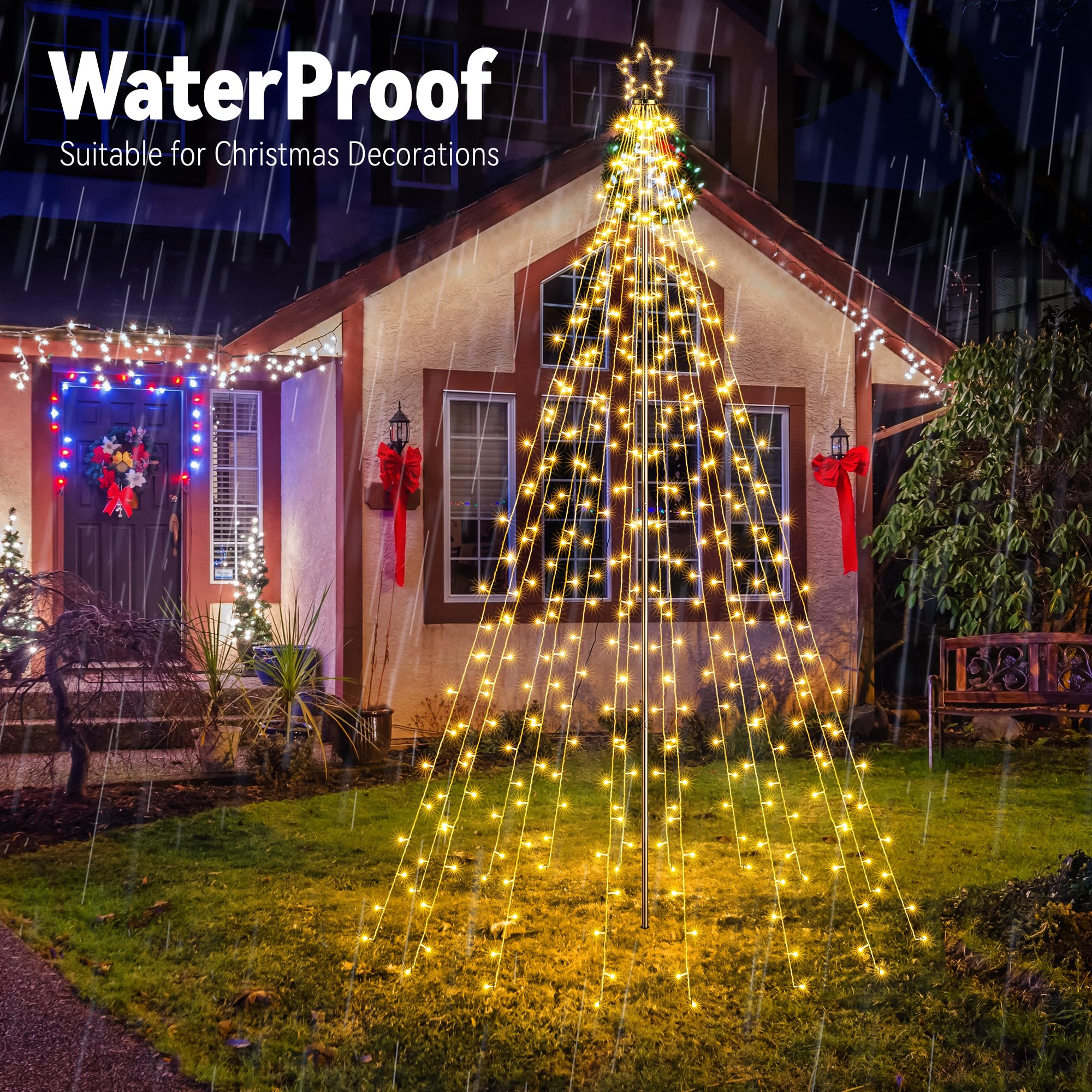 iBaycon Luci Di Natale Per Esterni con Stella,3,87 m 568 Led Bianco Caldo | 16 Ghirlande Albero Di Natale Con Telecomando 8 Modalità Timer Dimmerabili Natalizia per Esterni Giardino Prato