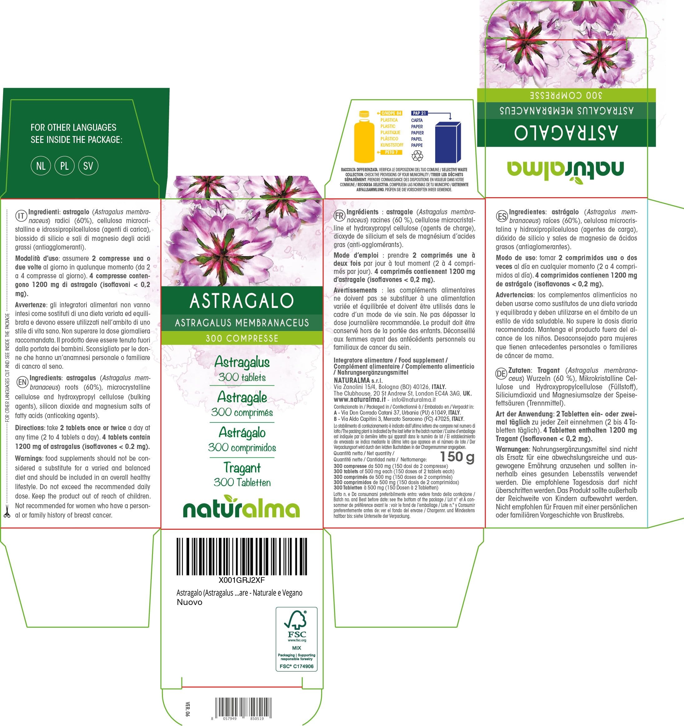Astragalo (Astragalus membranaceus) radici Naturalma - 150 g - 300 compresse - Integratore alimentare - Naturale e Vegano