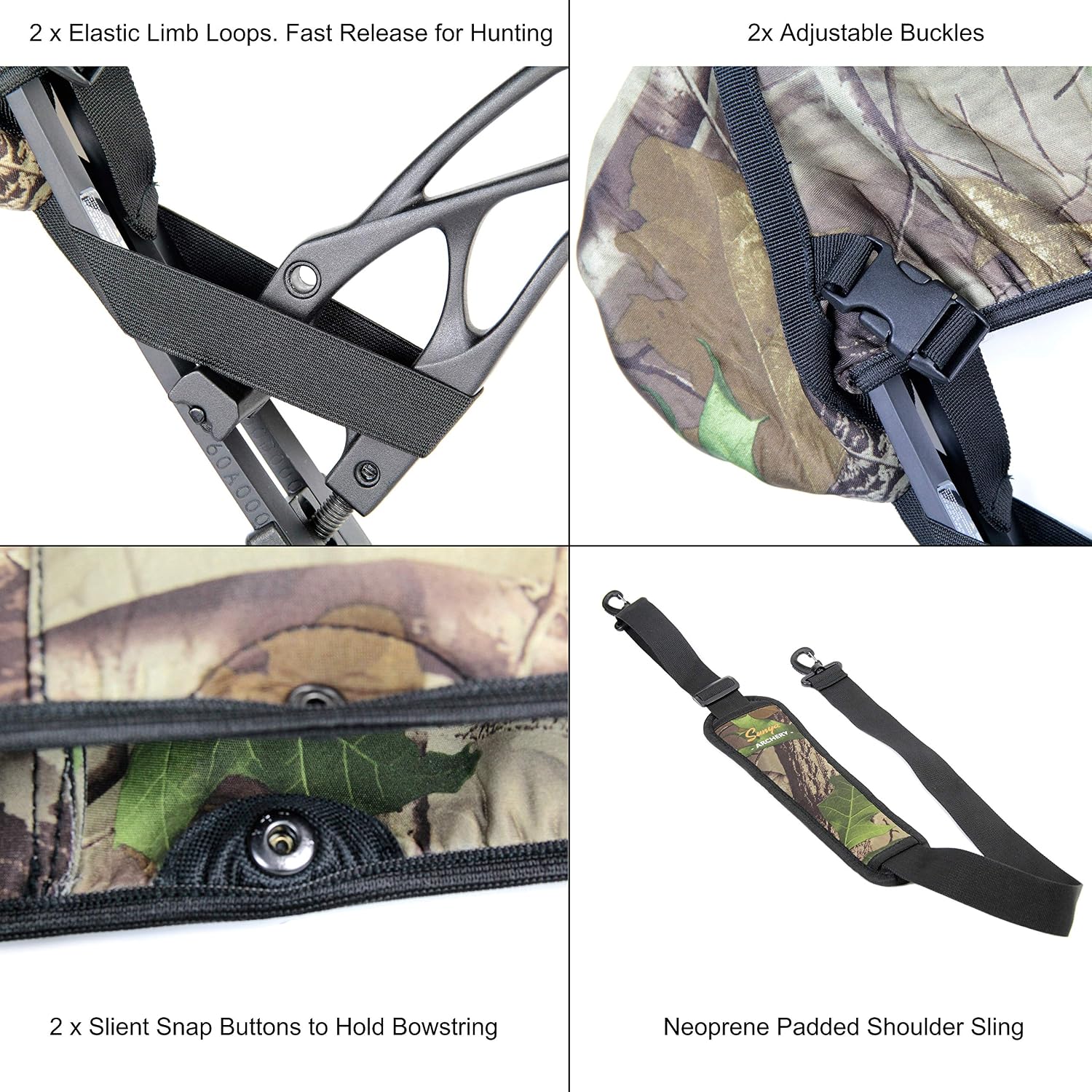 SUNYA Neoprene Compound Bow Sling, Silent Hunting or Fast Movement 2 Carrying Modes Switchable. Removable & Adjustable Shoulder Strap. Camouflage Fabric.