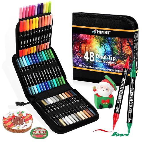 Pagather 48 Colors Acrylic Paint Markers, Dual Tip with Fine Tip and Brush Tip Pens for Stone, Wood, Calligraphy, Canvas, Ceramic, Metal, Glass, Rock Painting, DIY Crafts Art Supplies Kit