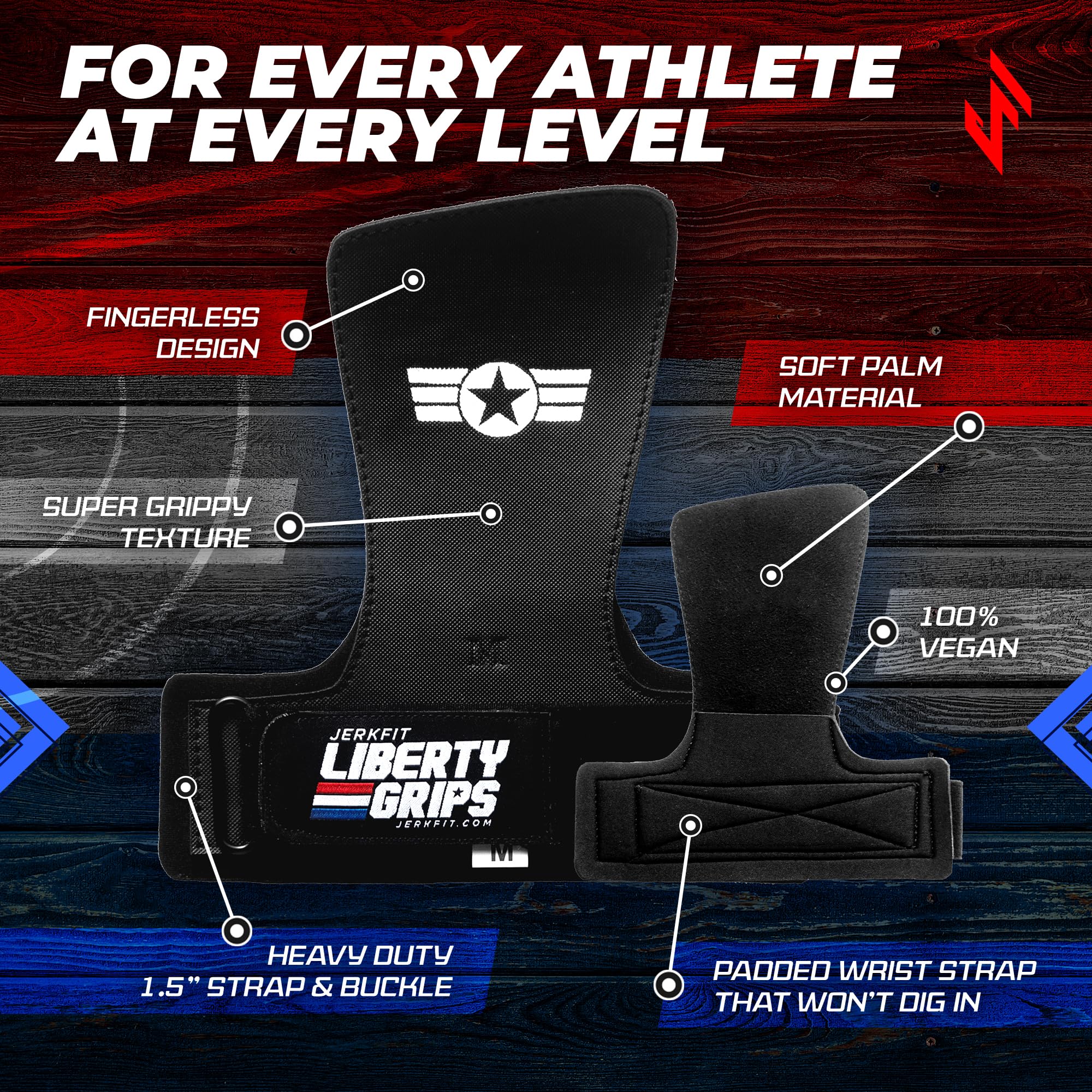 JerkFit Liberty Grips 2.0 - Fingerlose Gymnastikhandgriffe für Klimmzüge, Crosstraining, Gewichtheben, WODs und Calisthenics - Handschutz ohne Löcher zur Vermeidung von Rissen und Blasen