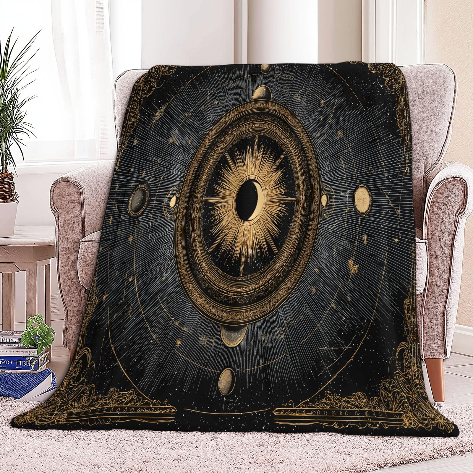 Fantasy Art Narzuta na łóżko, słońce, księżyc, gwiazdy, złote linie, pościel z nadrukiem, 221 x 239 cm, super miękki flanelowy koc na łóżko, lekki, puszysty, pluszowy, puszysty, na sofę i podróż, 220