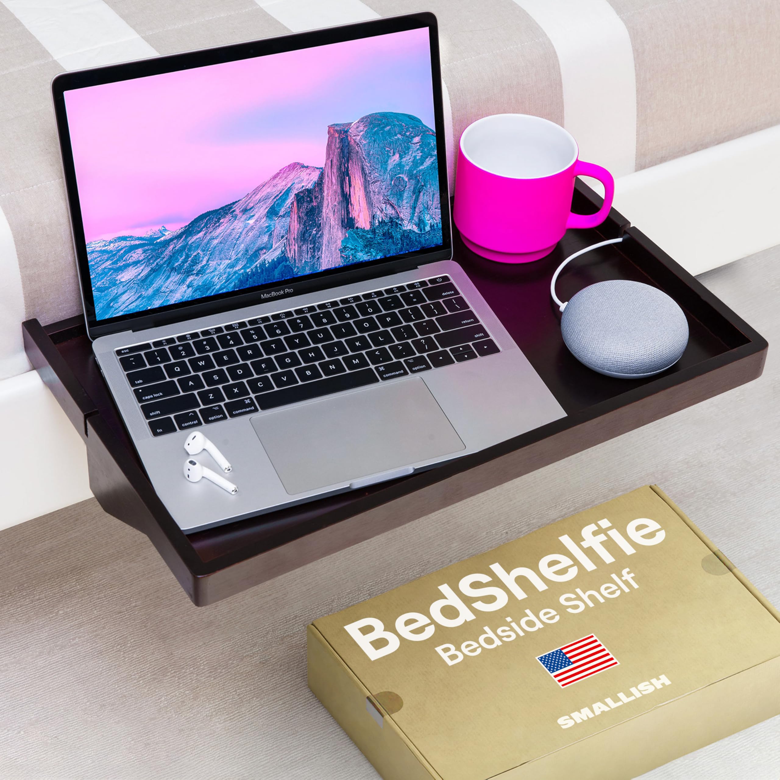 BedShelfie Bedside Shelf for Dorm Room Bunk Bed & Top Bunk, College Dorm Room Essentials, Bedside Caddy, Clip on, Floating Desk Tray, Bed Side Table Storage, Loft Nightstand Decor - Black Wood Plus