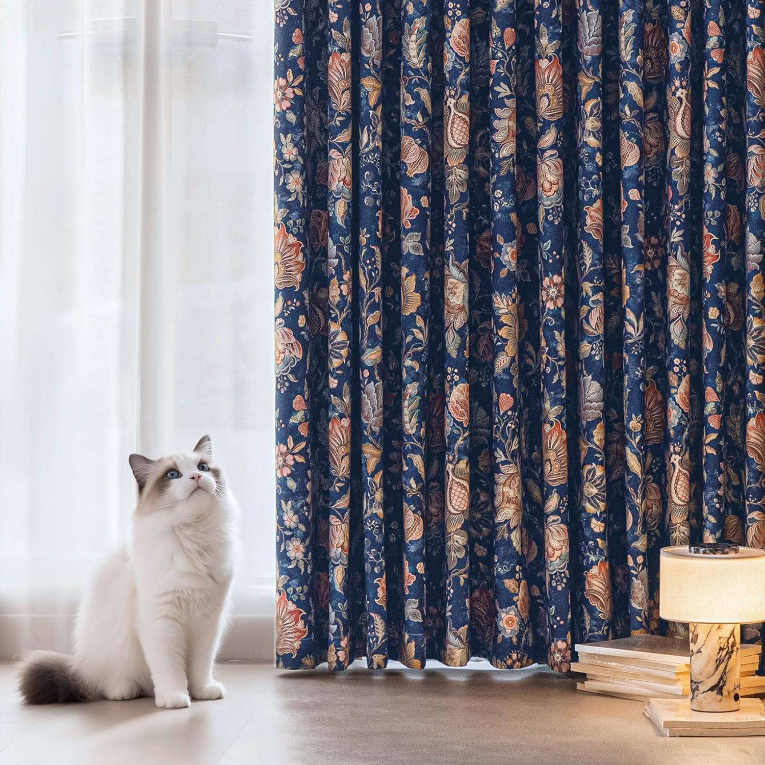 FMFUNCTEX 100% Boho Blackout Floral Curtains for Bedroom, Vintage Flower Patterned Blue Curtains 84 Inch Length for Living Room Darkening Thermal Insulated Grommet Window Farmhose Drapes 2 Panels