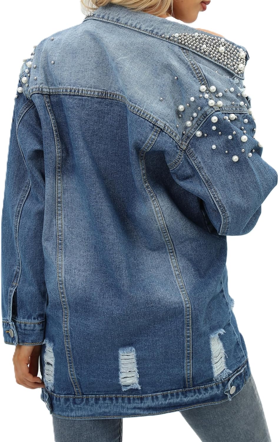 Women's Long Sleeve Button Down Pearl Jean Jacket Boyfriend Long Denim Coat - Image 2