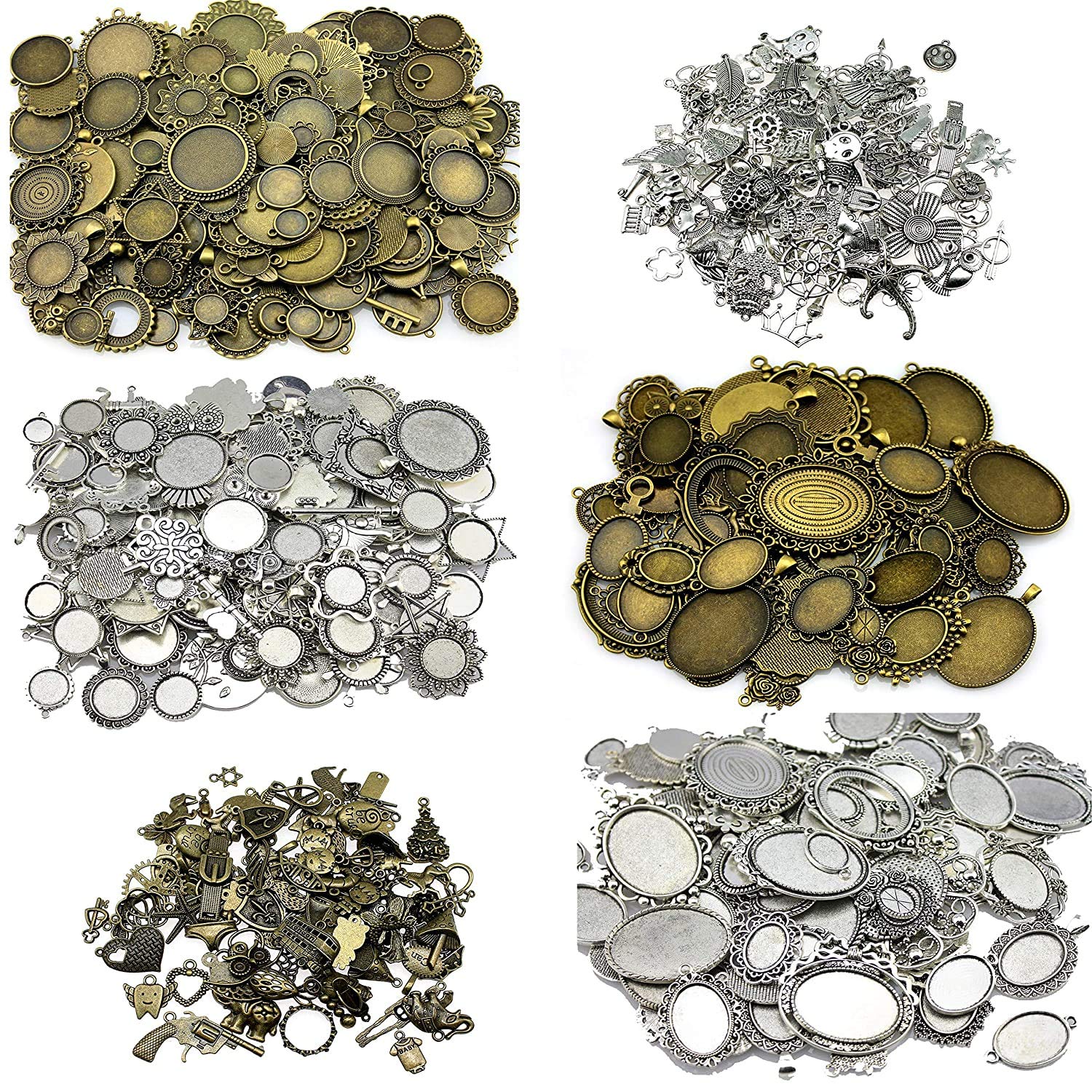 Diy Crafts Alloy Pendant Blank Cameo Cabochon Base Setting Jewelry Accessories Package as Title, Pack of 150 Grm, Charm Antique (Gold)