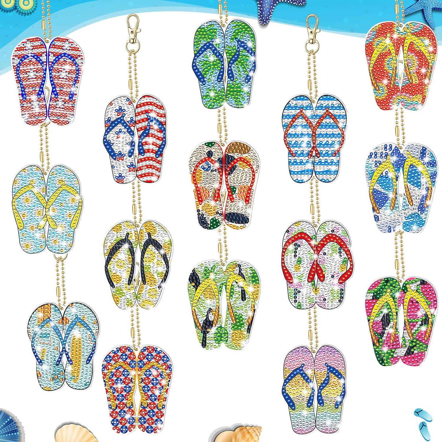 Sureio 15 Pcs Flip Flop Diamond Painting Keychains Summer