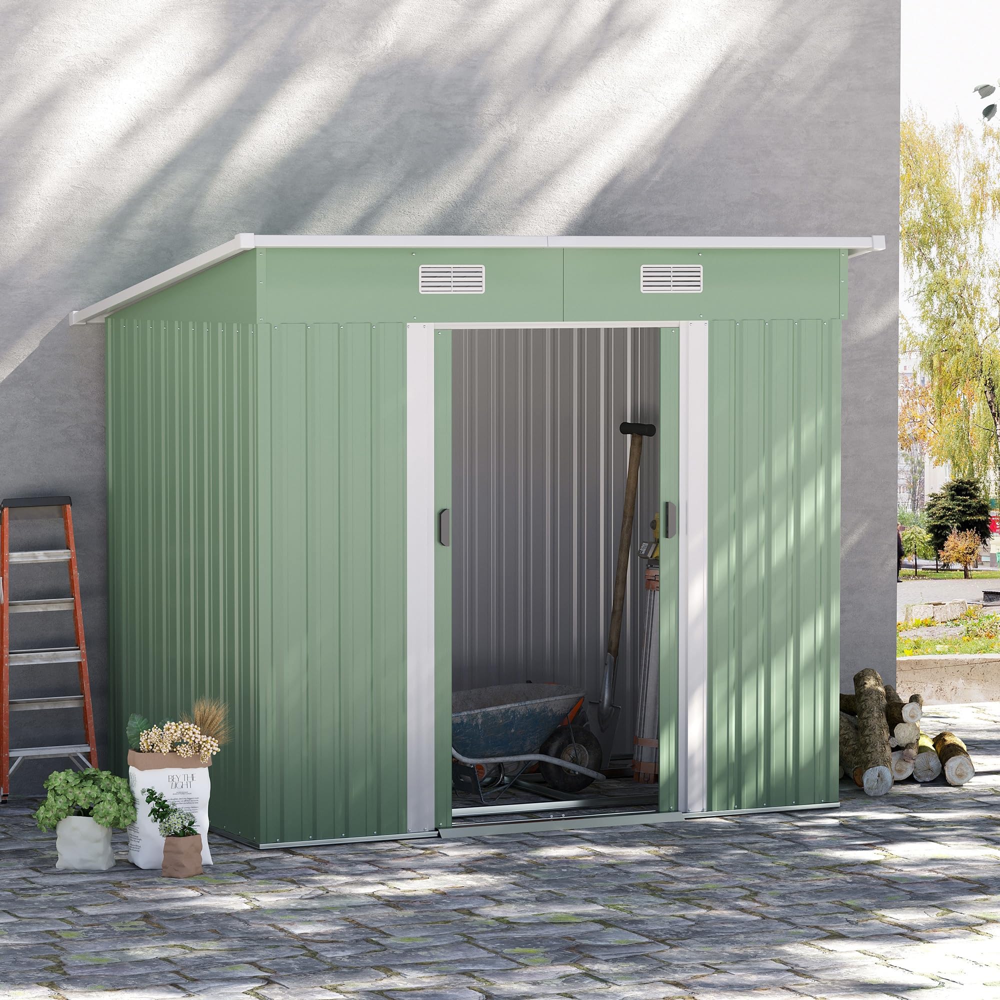 Outsunny Gerätehaus 2,3 m² 207 x 130 x 182 cm Metall Garten Schuppen mit Fenster Pultdach Schiebetüren Fundament wetterfest Geräteschuppen Outdoor Gartenhaus für Hinterhof Grün | Metall Garten Schuppen, Schiebetüren, Fundament, Wetterfest, Geräteschuppen,
