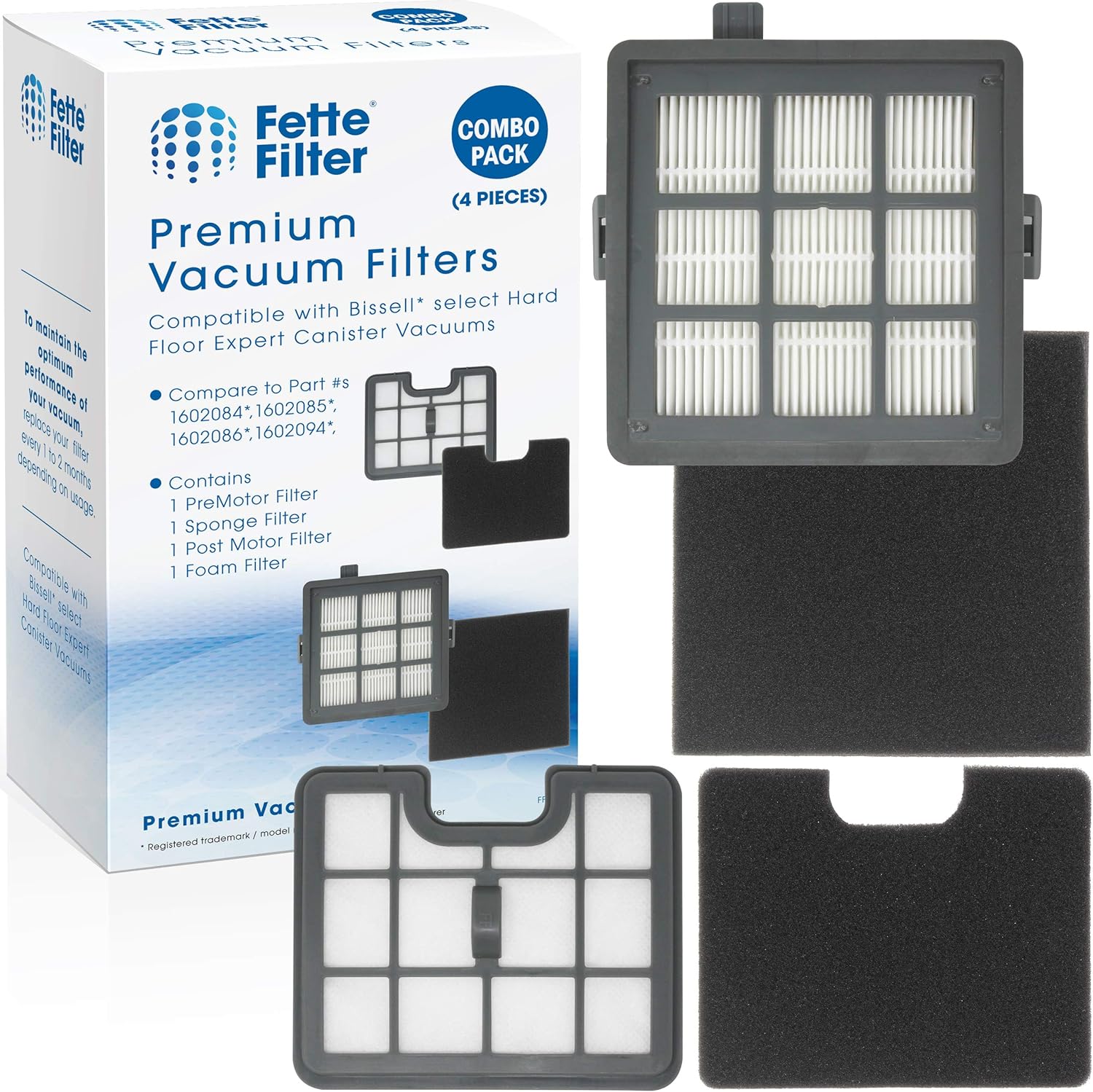 Fette Filter - Filter Set Compatible with Bissell Hard Floor Expert Canister Vacuum Series 1154 & 1161 Contains- 1 PreMotor 1 Sponge 1 Post Motor 1 Foam Part #s 1602084, 1602085, 1602086, 1602094.