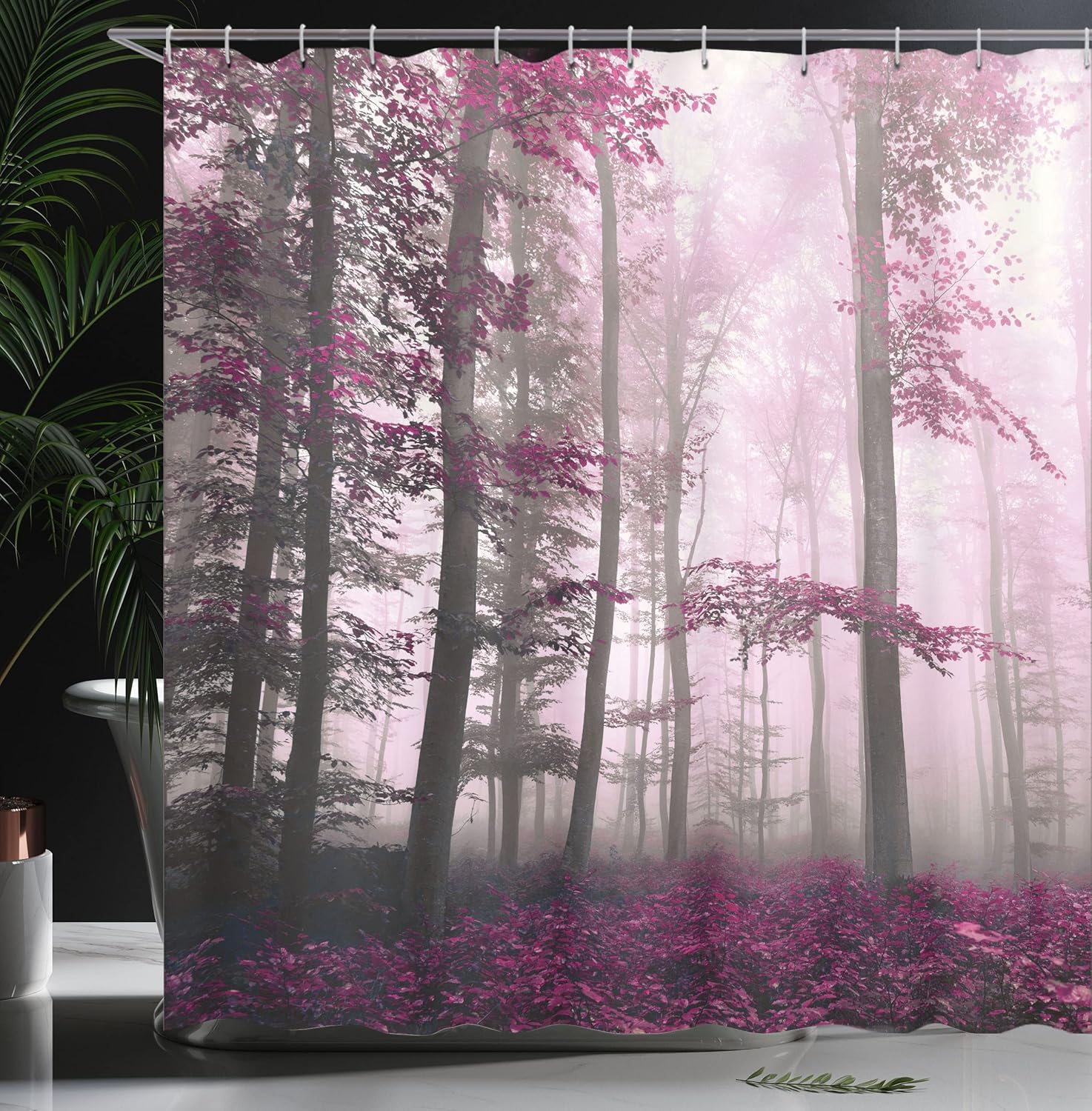 Ambesonne Forest Shower Curtain, Autumn Season Mystic Foggy Fall Nature and Enchanted Woods Wild Trees Print, Cloth Fabric Bathroom Decor Set with Hooks, 69" W x 70" L, Dark Magenta