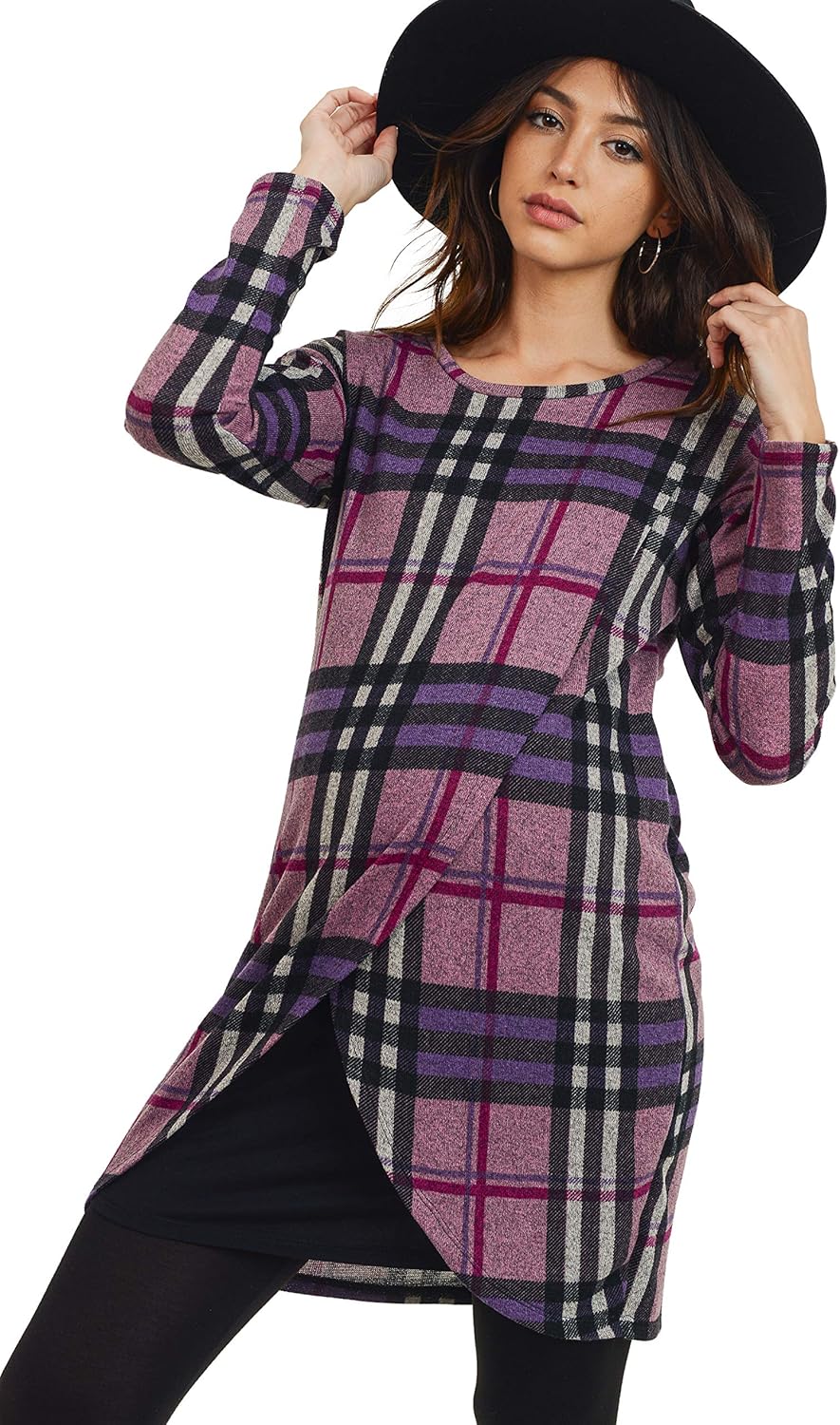 HELLO MIZ Women's Sweater Knit Long Sleeve Maternity Nursing Tunic Dress (Purple Plaid/Black, XL)