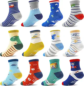 ELUTONG Toddler Socks with Grips Anti Slip Ankle Socks 12 Pairs for 1-7 Years Boys Girls Kids Infant Baby