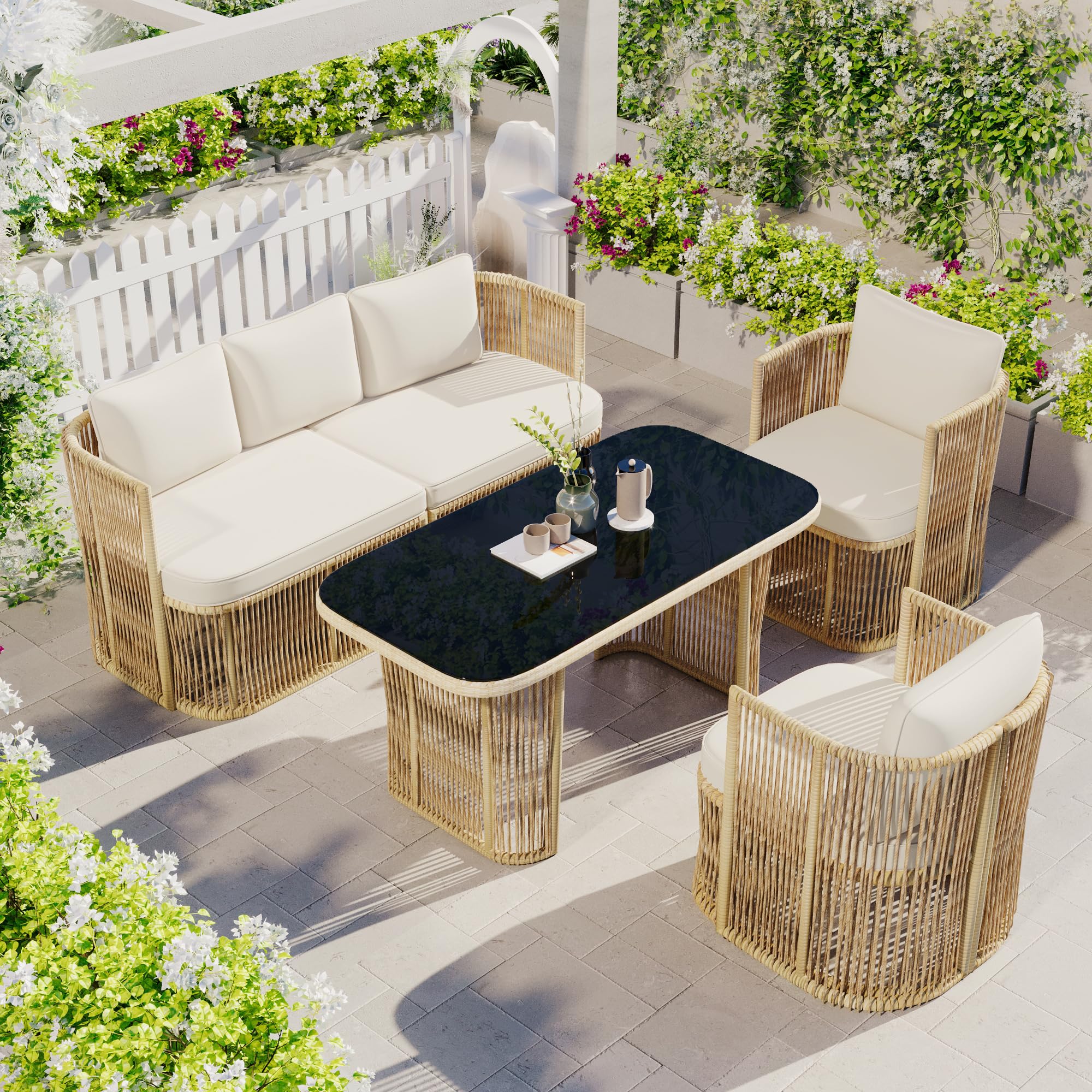 Conjunto de Jardin Exterior de Ratán para 5 Personas, 4 Piezas, Set Muebles Jardin con Mesa y 2 Sillones, Sillas con Cojines, Juego de Muebles de Jardín para Patio Terraza (Beige + Negro)