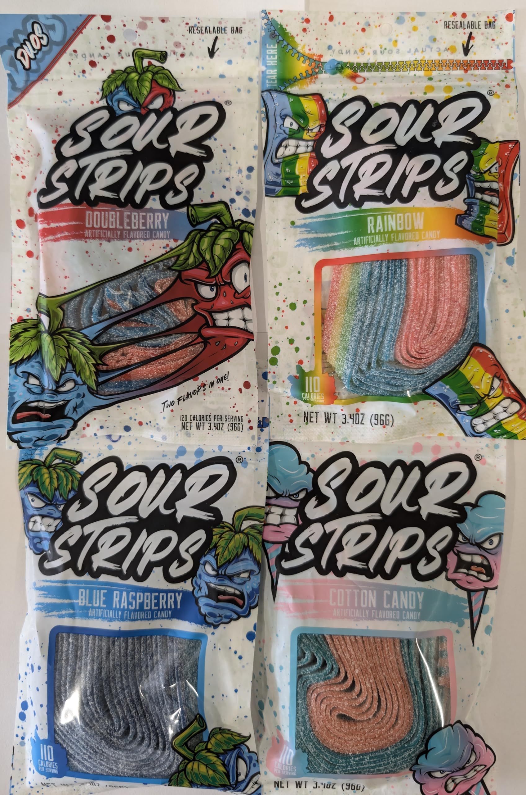 GenericSour Strips Variety Pack (4 pack) - Top Selling Flavors including: DoubleBerry, Rainbow, Blue Raspberry, and Cotton Candy