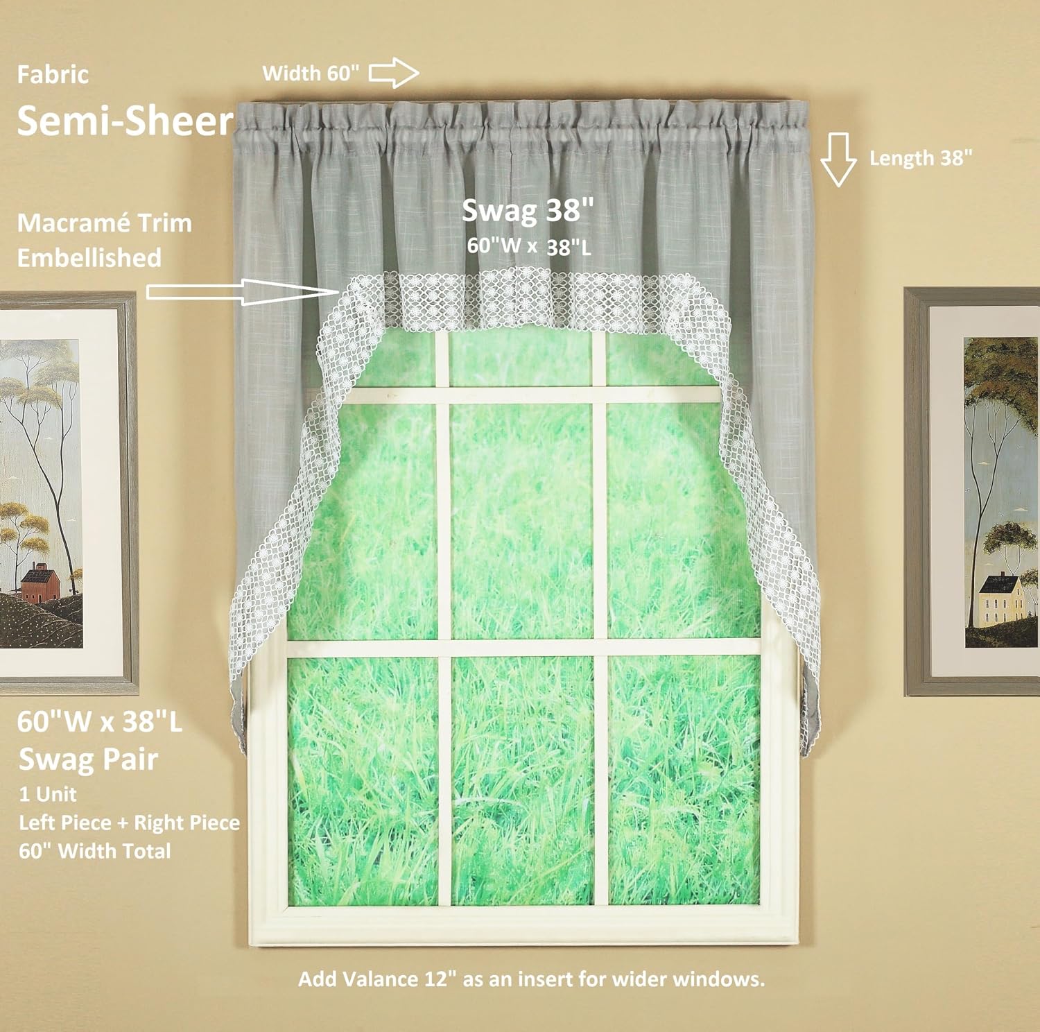 Today's Curtain, Salem Macramé Trim Swag 38", Gray, 60" W x 38" L