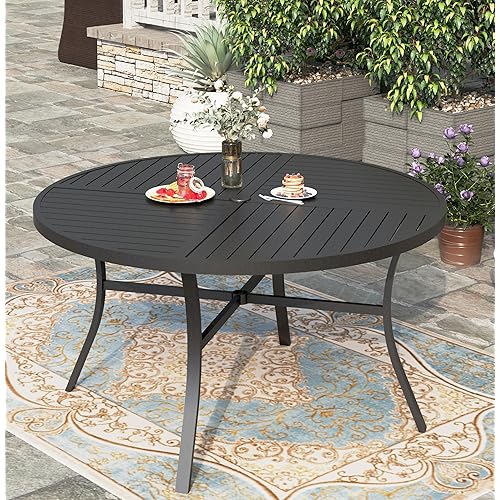 HERA'S HOUSE 54" Outdoor Dining Table for 6, 6-Person Metal Steel Slat Round Patio Table with Umbrella Hole, Lawn Garden Backyard Table