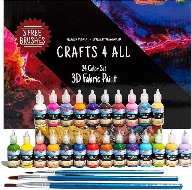 Crafts 4 ALL Fabric Paint Set - Set of 24 Permanent, Assorted 3D Paints for Decorating Clothes, Shoes, Canvas, Wood, Ceramic and Glass - Art Supplies & Gifts for Kids and Adults
