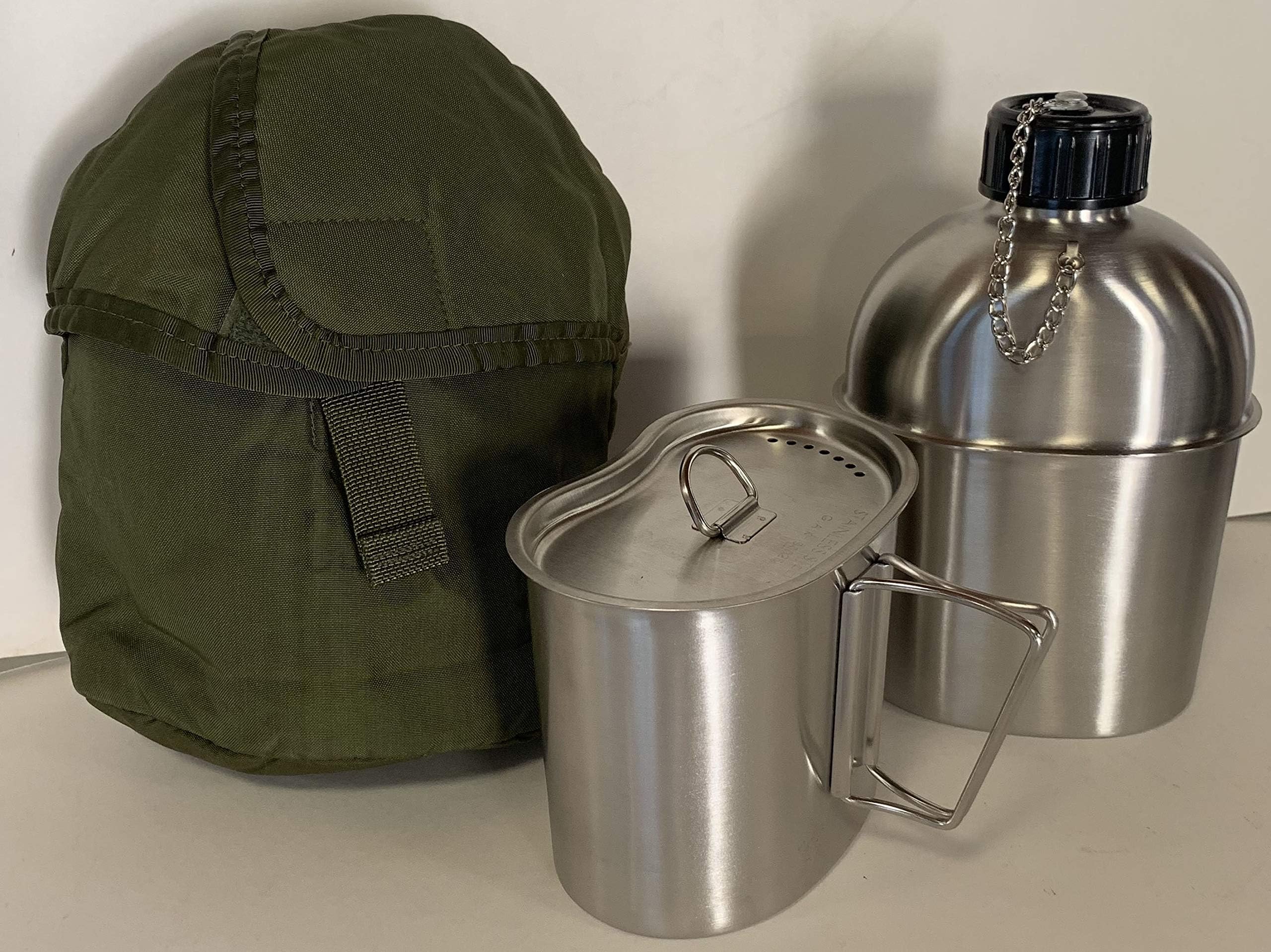 MILITARY STYLE STAINLESS STEEL CANTEEN WITH CUP, 1.3LITER (44oz.) AND LID With Genuine G.I. Nylon Od Color Insulated Canteen Cover KIT.
