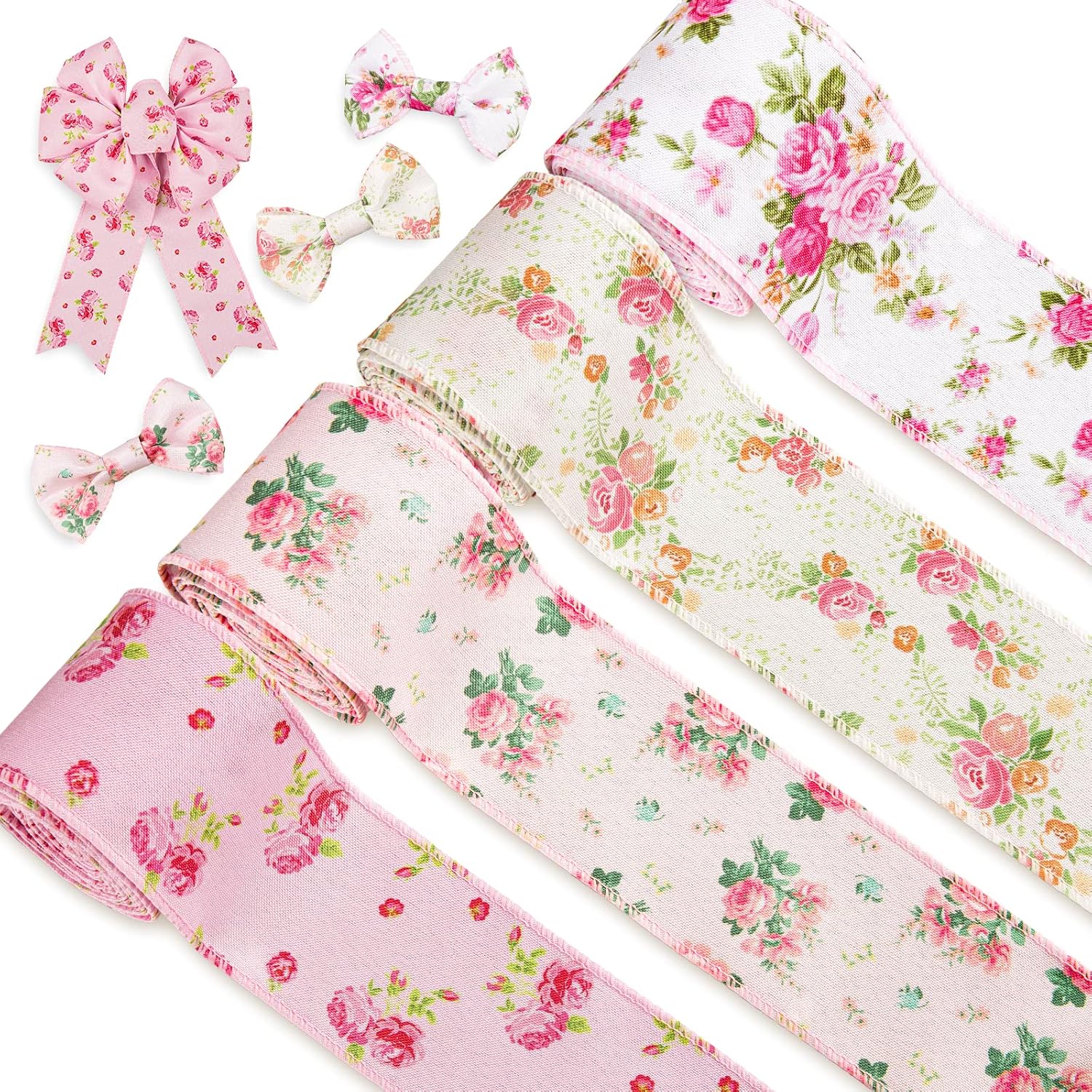 Whaline Pink Floral Wired Edge Ribbon 4 Rolls Rose Flower Fabric Ribbon Spring Summer Watercolor Vintage Wrapping Ribbons for Wreath Bow Making DIY Crafts Wrapping Party Decor, 20 Yard, 2.5 Inch