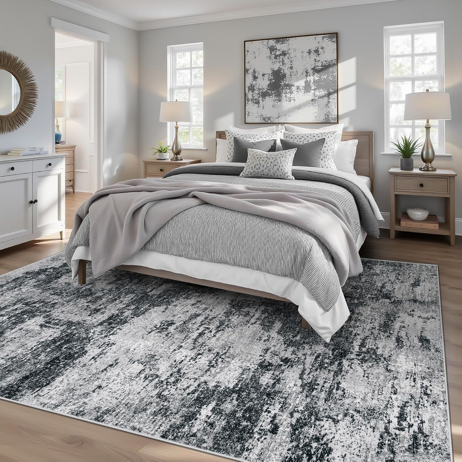 pmtsns Area Rugs 6x9 for Living Room: Washable Rug Modern Abstract Neutral Soft Non-Slip Low-Pile Indoor Carpet for Bedroom Dining Room Playroom Home Office (Black Grey, 6'x9') thumbnail