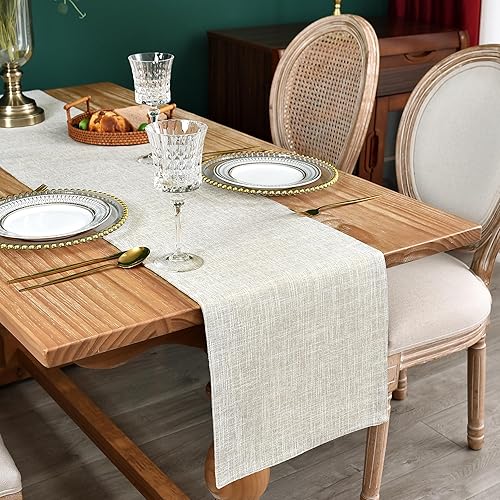 Camino de mesa rústico de lino sintético, color beige neutro, doble capa, reversible, rectangular, para uso diario, cocina, comedor, banquete,