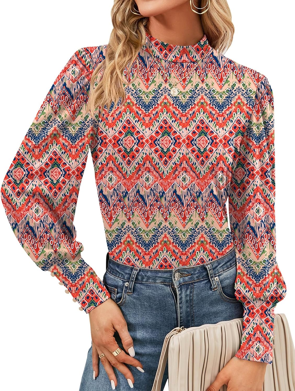 (-52%) Tisfeer Damenbluse Langarm Rollkragen Tops Elegant Locker Oberteile Basic Puffärmel T Shirt Tunika (XXL,Böhmische Drucke)