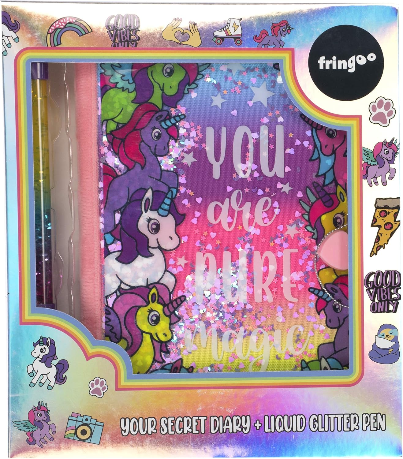 Fringoo Secret Diary for Girls with Padlock Unicorn Notebook with Lock, A5 Kids Journal, Stickers and Liquid Glitter Pen - Image 3