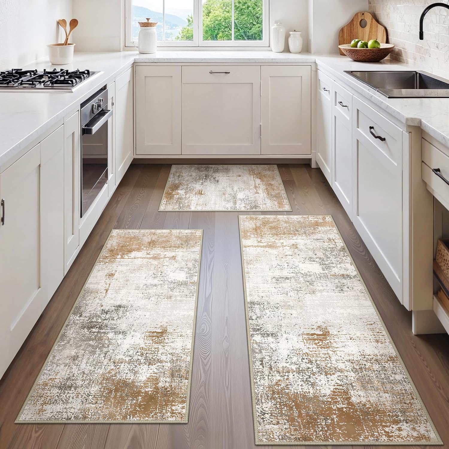 GENIMO Kitchen Rugs Sets of 3 Non Slip Washable Kitchen Mats for Floor, Waterproof Abstract Kitchen Runner Rug, Floor Mat Carpet for Hallway, Laundry, Sink, Entryway, Bathroom, Gold