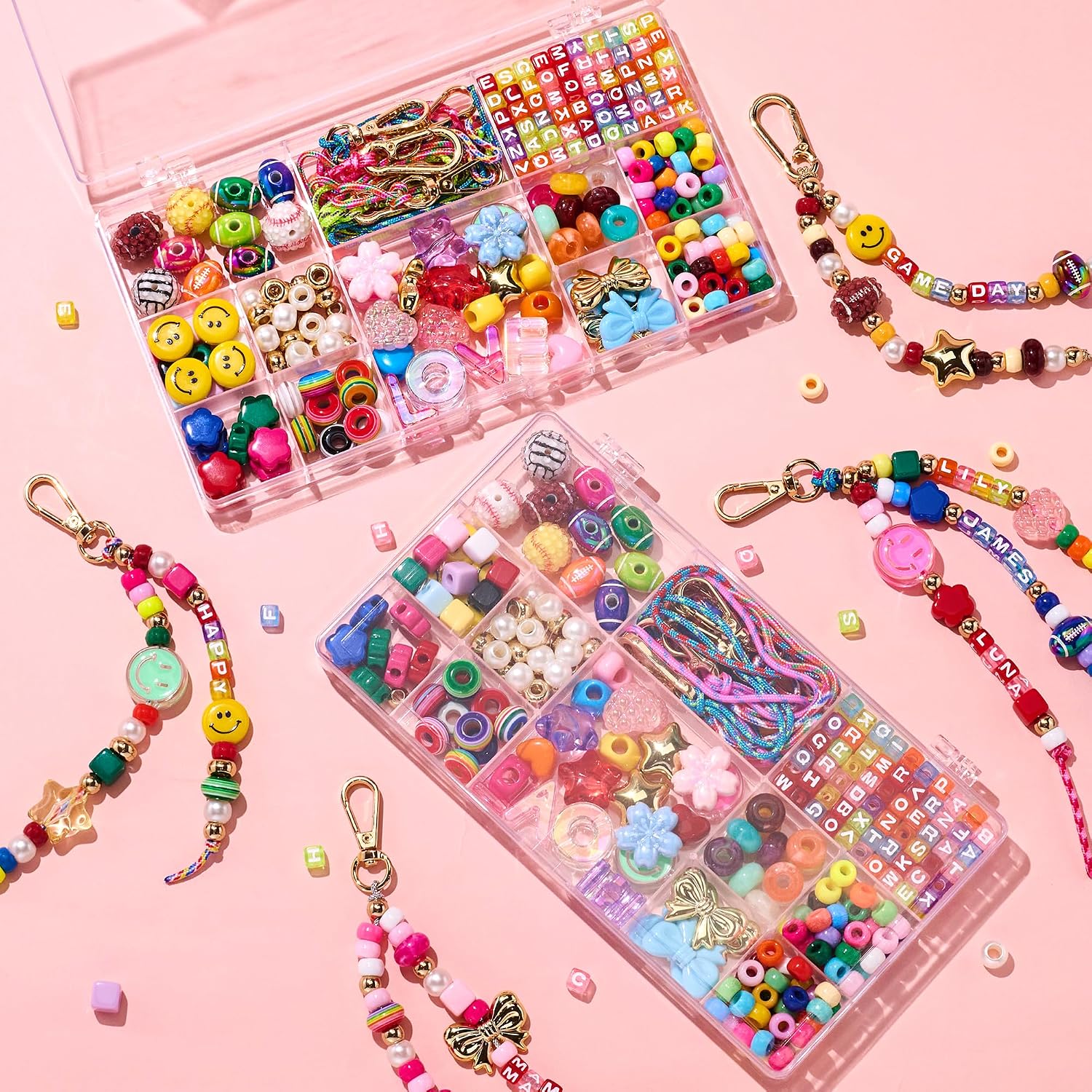 HolidayQbee Keychain Making Kit | DIY Bag Charm Kit Keyring Making Kit, Sports Theme Beads, Alphabet Letters & Gold Clasps, Personalised Keyring Craft Set for Sports Fans, Adults & Crafters