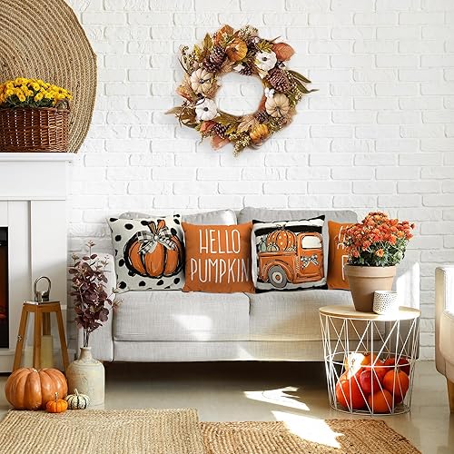 Miniatura 6 de Juego de 4 fundas de almohada decorativas de otoño con diseño de calabaza y granja de Acción de Gracias, fundas de cojín de otoño para sofá y hogar