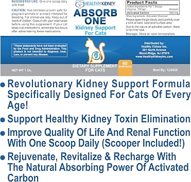 Cat Kidney Support Supplement for Normal Kidney Function in Cats. Natural Feline Kidney Cleanse Take with Any Kidney Cat Diet Food. Vet-Formulated 1/8 TSP a Day 60 Servings: Absorb One