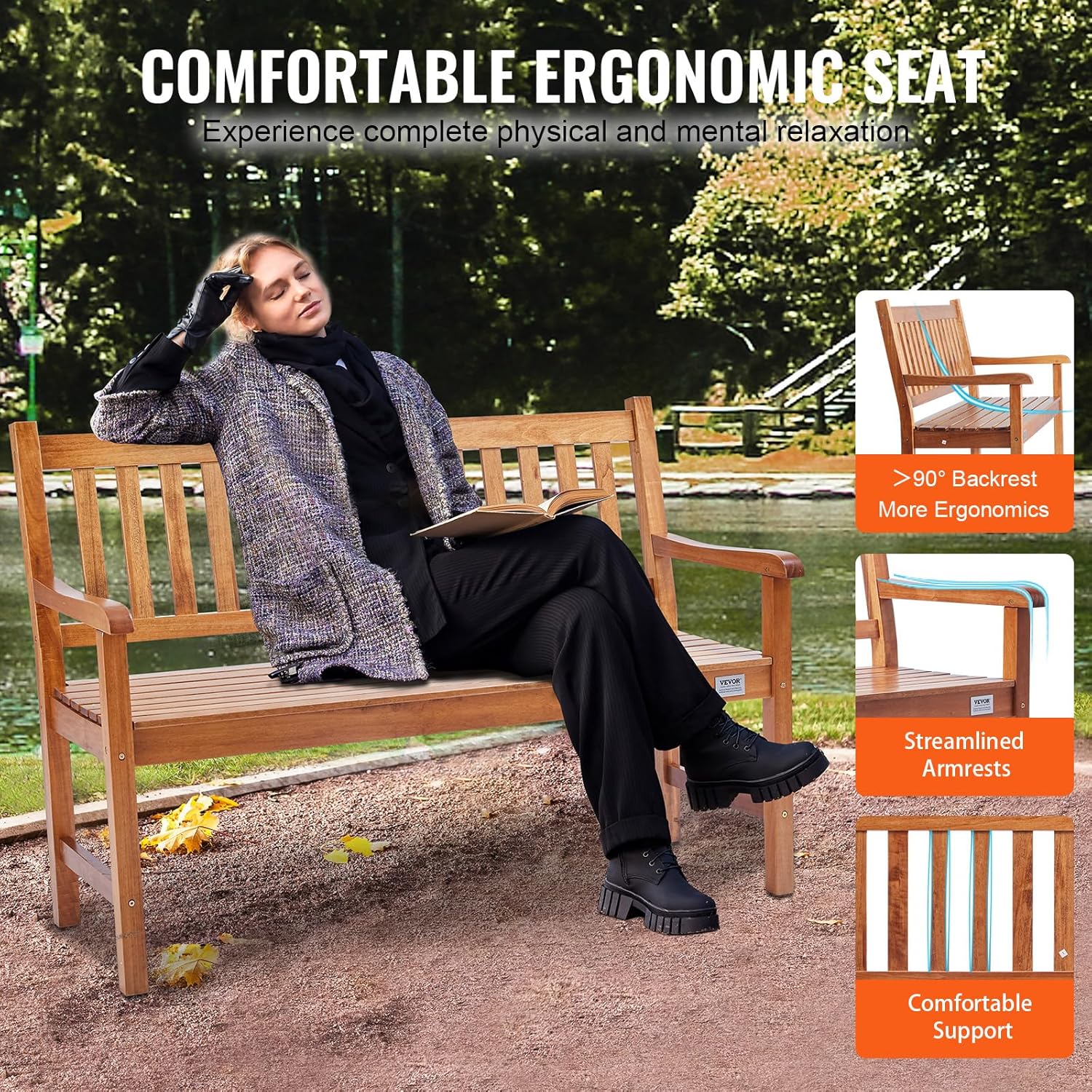 Close-up images highlighting the ergonomic features of the VEVOR Wood Outdoor Bench, including the backrest angle and streamlined armrests.