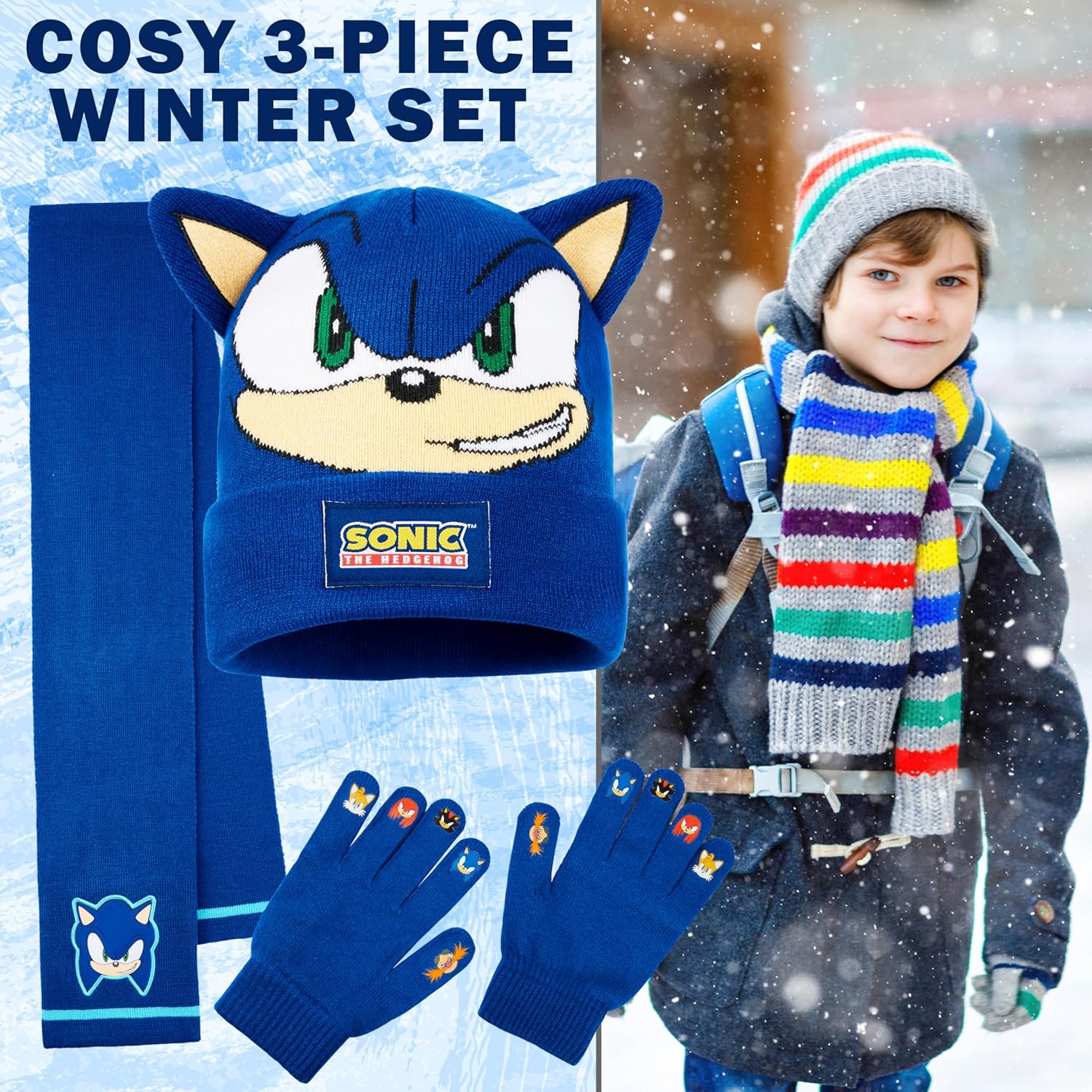 Sonic The Hedgehog 3 Pcs Winter Accessories with Gloves, Beanie Hat, Scarf Set for Boys, Winter Gear, Gamer Gifts for Boys