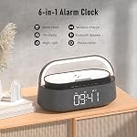 Réveil avec charge sans fil, haut-parleur Bluetooth, FM Radio, lumière de nuit, support téléphonique - 6-in-1 Horloge numérique, 15W Chargeur rapide pour iPhone Samsung AirPods, Cadeau de bureau dans la chambre
