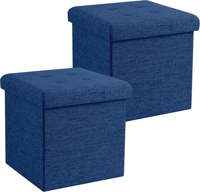 Ornavo Home 2 Pack 15 Inch Folding Storage Ottoman with Storage, Square Cube Linen Small Storage Ottoman Foot Rest Stool - Navy Blue