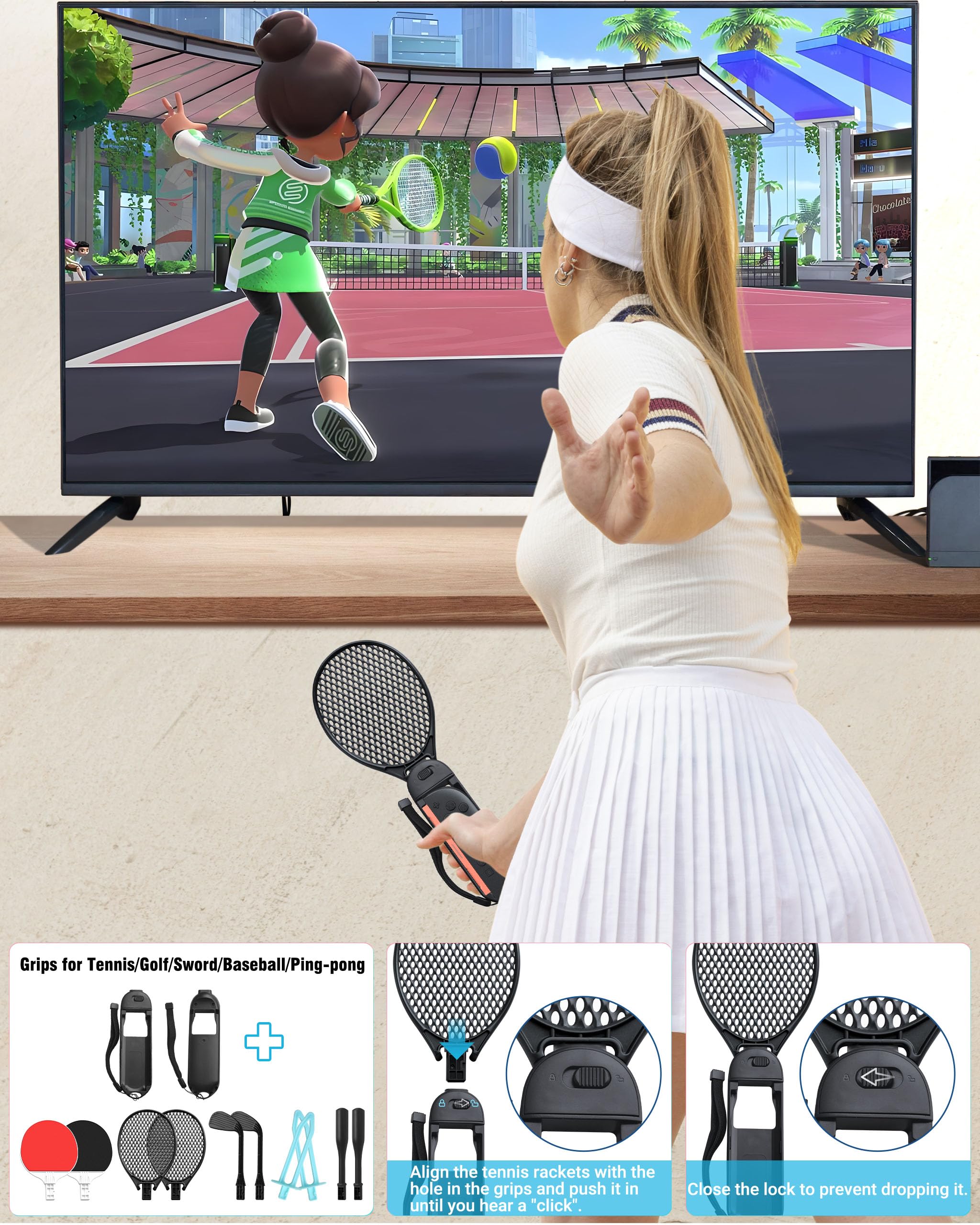 Switch 2 accessori sportivi, 16 in 1 Pacchetto di accessori per giochi per JoyCon 2 con racchette da tennis, mazze da golf, pagaie da ping pong, mazze da baseball, spade, cinghie da polso e gambe e