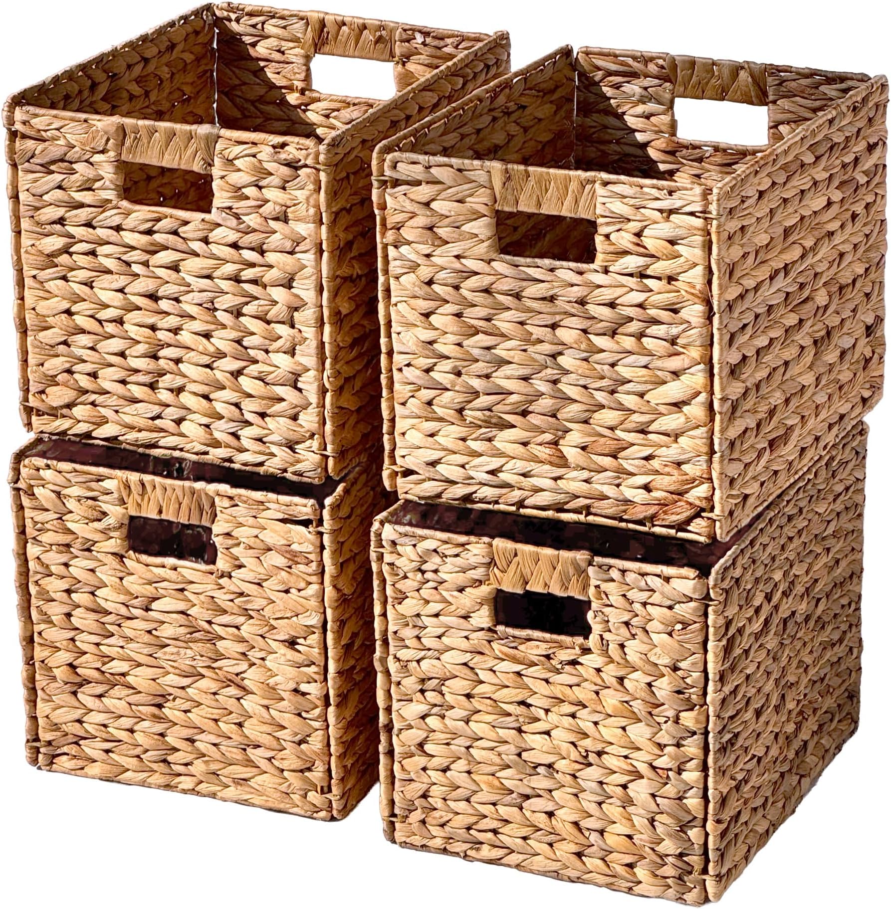 Westerly 4 Decorative Hand-Woven Small Water Hyacinth Wicker Storage Basket, 13x11x11 Perfect for Shelving Units