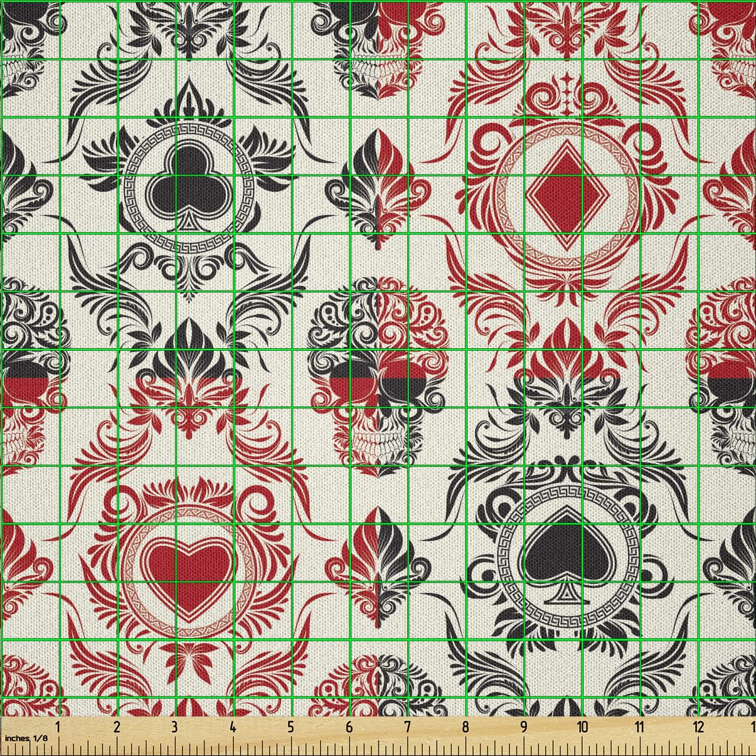 Lunarable Skull Fabric by The Yard, Playing Card Themed Skeleton Head Ace of Spades Diamonds Hearts Victorian, Microfiber Fabric for Arts and Crafts Textiles & Decor, 10 Yards, Vermilion Black