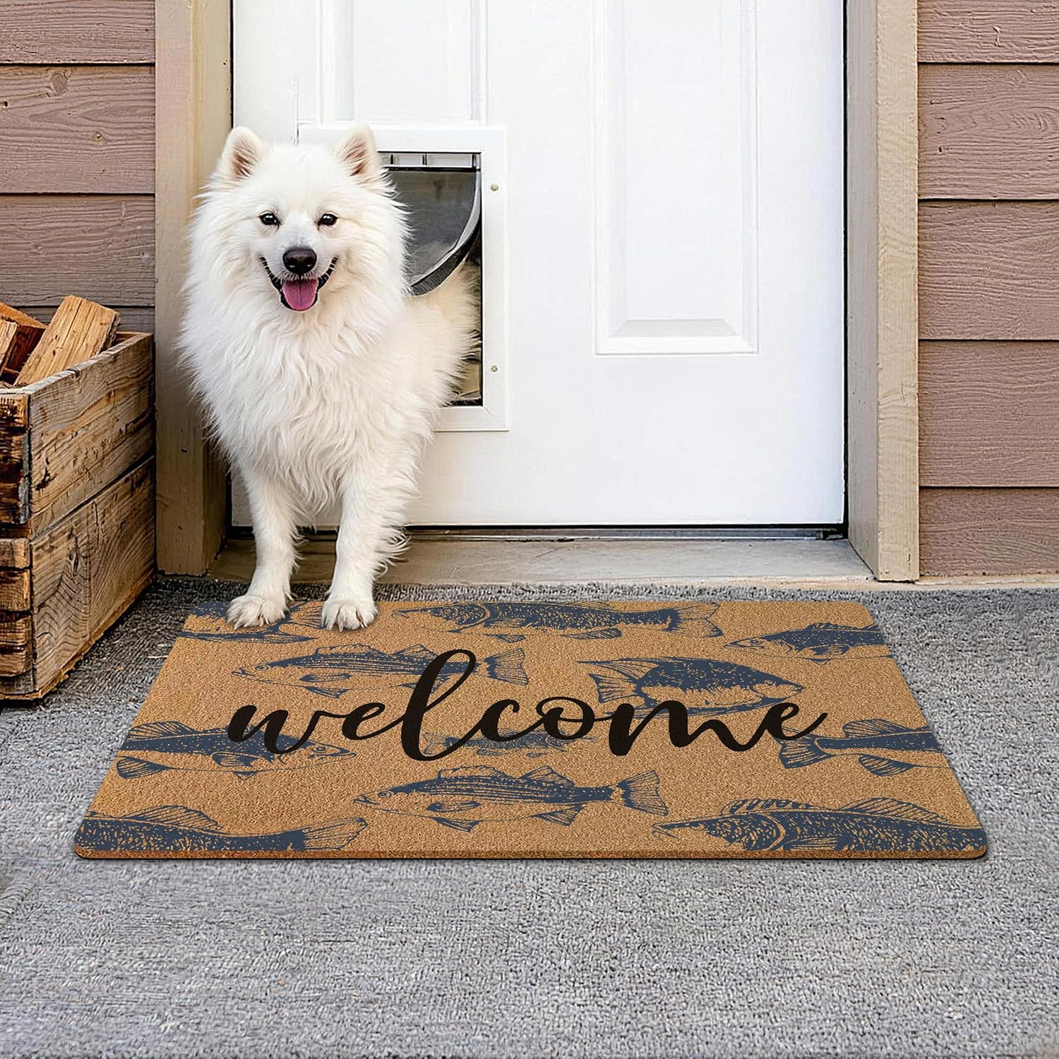 Nautical Blue Fish Welcome Door Mat, Beachy Ocean Front Door Mat Rug Outdoor Indoor Entrance, Coastal Fish Artificial Coir Doormat for Beach House Patio Porch Outside Entryway, 30x17 Inch