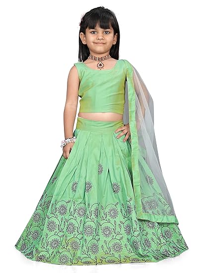 Kids Girl's Tafeta Silk Navratri Speciel Embroidered Stiched Lehenga Choli For Kids Grils