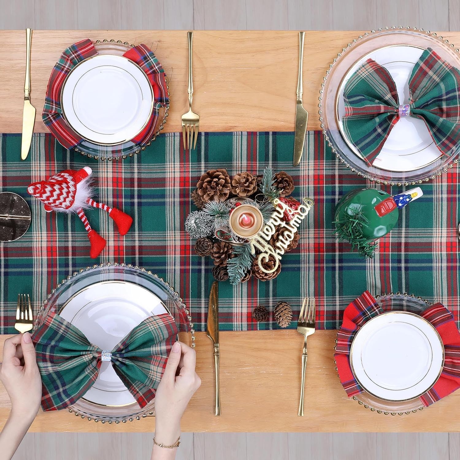 Plaid Green Table Runner for Christmas: 4 Packs 13x84 Inches Xmas Buffalo Plaid TableLinens Kitchen Dining Winter Party Decorations