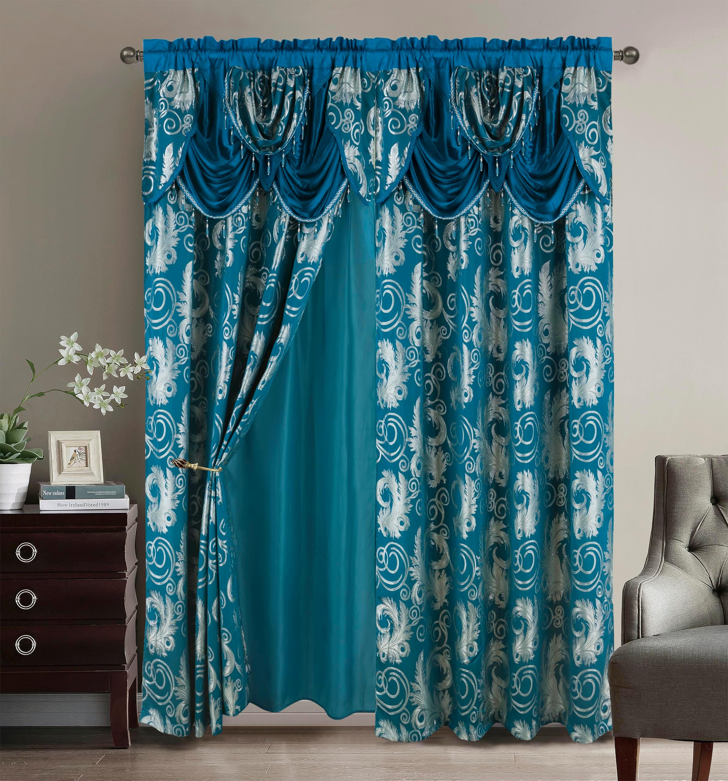 Golden Rugs Jacquard Luxury Curtain Window Panel Set Curtain with Attached Valance and Backing Bedroom Living Room Dining 110"X84" Each Jana Collection