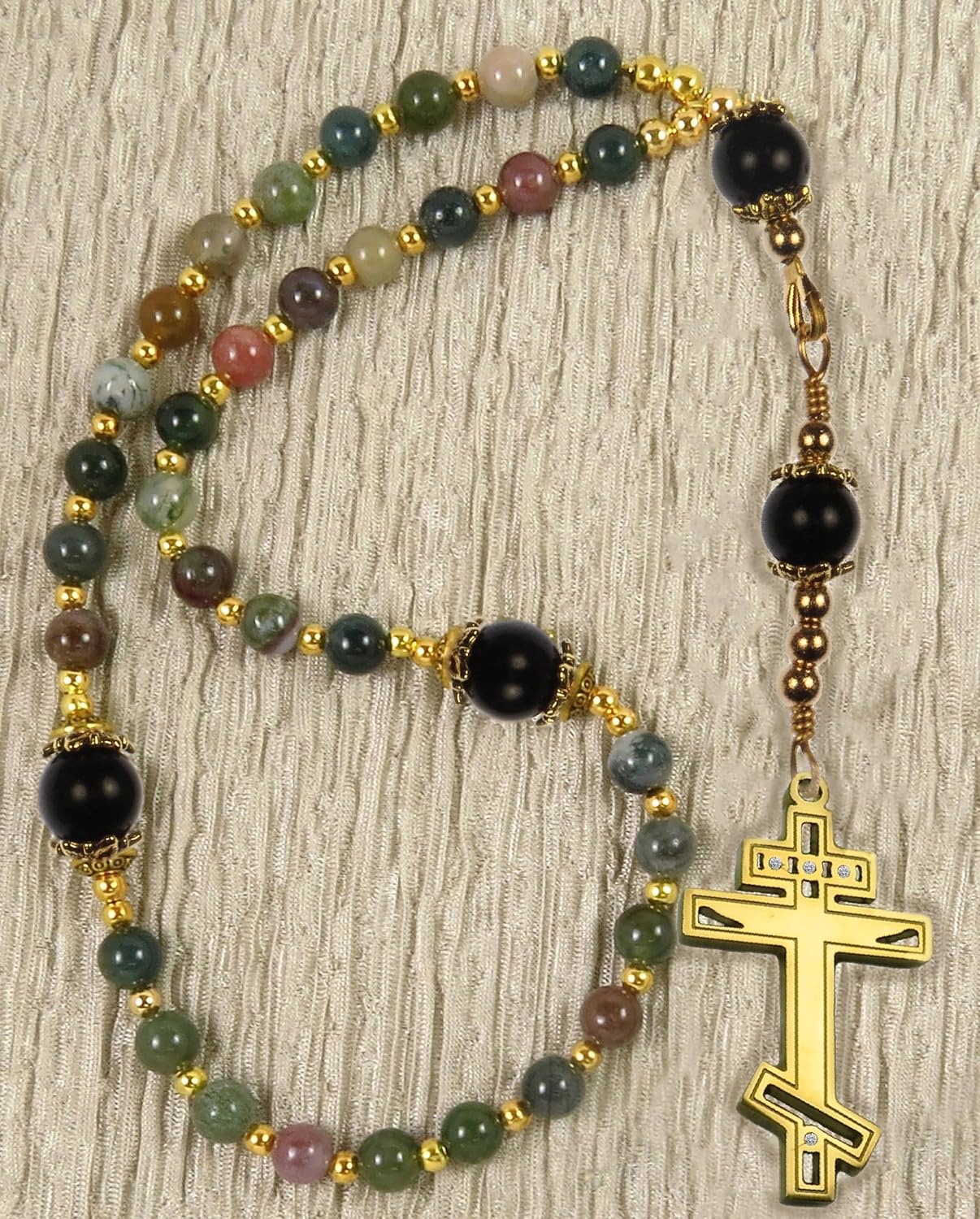 Handmade Orthodox Rosary Fancy Jasper Gold Tone Stainless Steel Cross