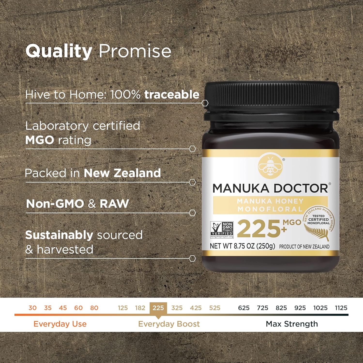 Manuka Doctor - MGO 225+ Manuka Honey Monofloral, 100% Pure New Zealand Honey. Certified. Guaranteed. Raw. Non-GMO (8.75 oz)
