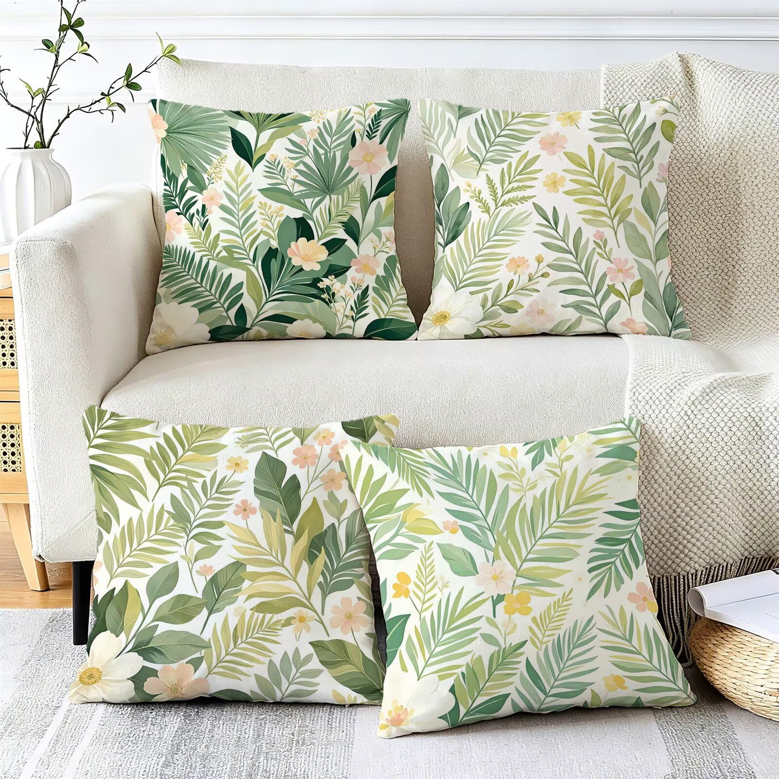 Verde Federe Cuscini Divano 50x50cm, Cuscini da Esterno Set de 4, Cod-180 | Lin Copricuscini Decorativi Letto Arredo, per Letto, Soggiorno, Giardino, Esterno, Casa Decorazione Set di 4 Pianta