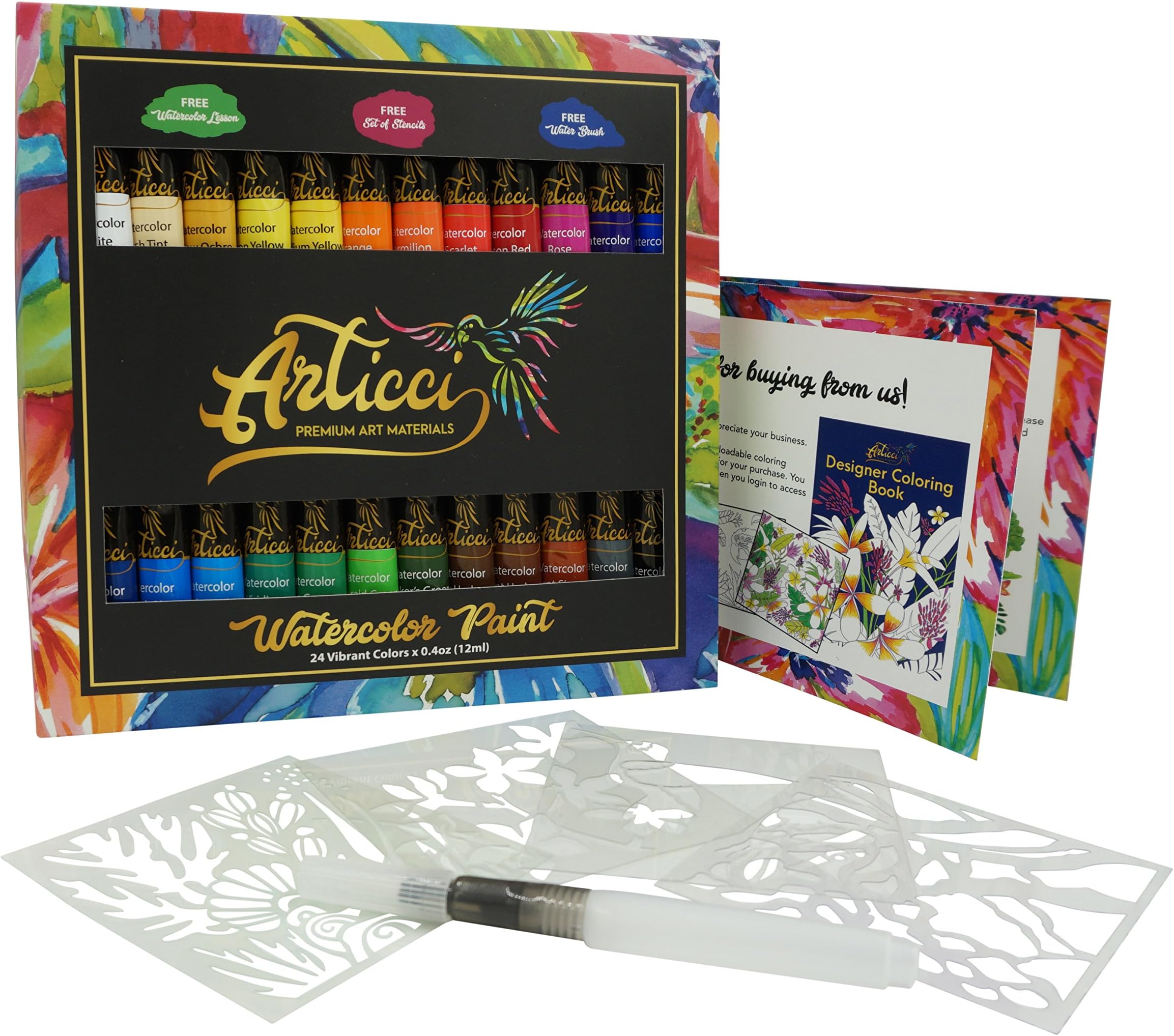 Watercolor Paint Set + Water Brush. Vibrant 24 Colors Artists Quality Liquid Tubes by Articci NonToxic Painting Kit for Adults Kids Students Professionals Beginners + Stencil & Coloring Book