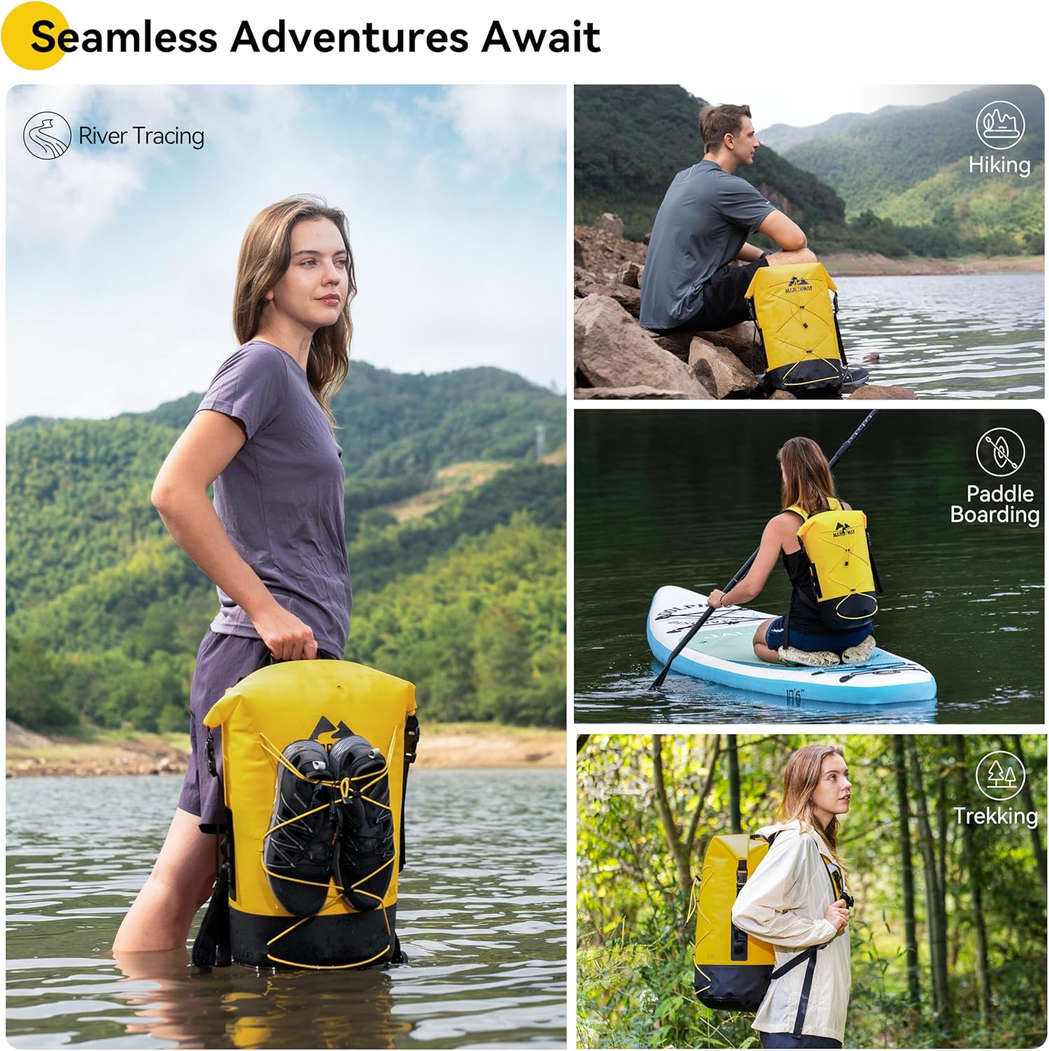 MARCHWAY Floating Roll Top Dry Bag, Flexible Lightweight TPU Waterproof Backpack 20L/30L/40L with Padded Straps for Boating, Kayaking, Swimming, Hiking, Beach (Yellow, 20L)
