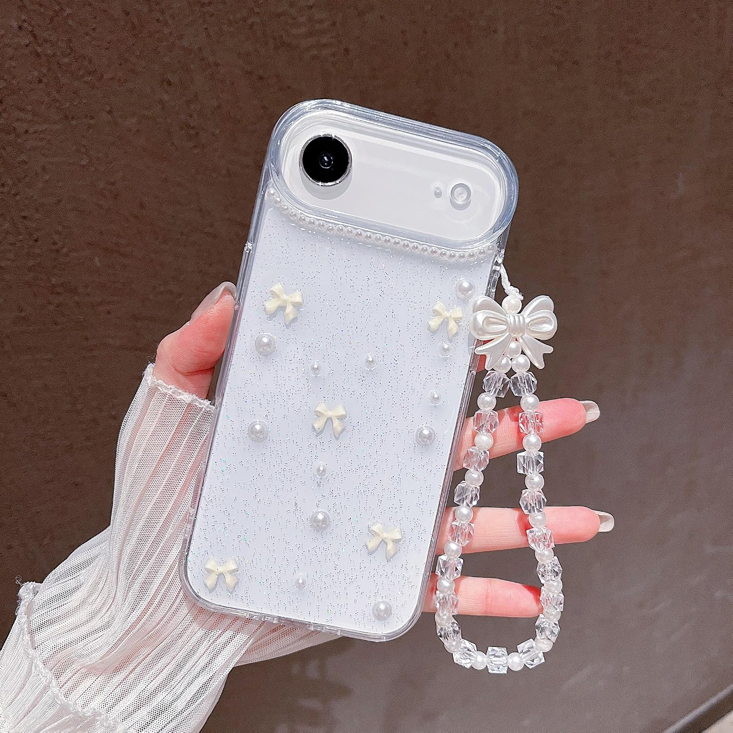 MINSCOSE for iPhone 17 Air Clear Glitter Case,Cute Bow Pearl Aesthetic Girly Transparent Phone Case with Phone Charms Chain Bracelet,Soft Protective Cover for iPhone 17 Air-Yellow image 3