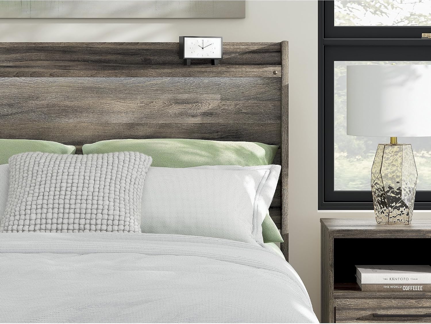 Signature Design by Ashley Jusika Mid-Century Modern Panel Headboard with LED Light and Shelf, Queen, Dark Brown